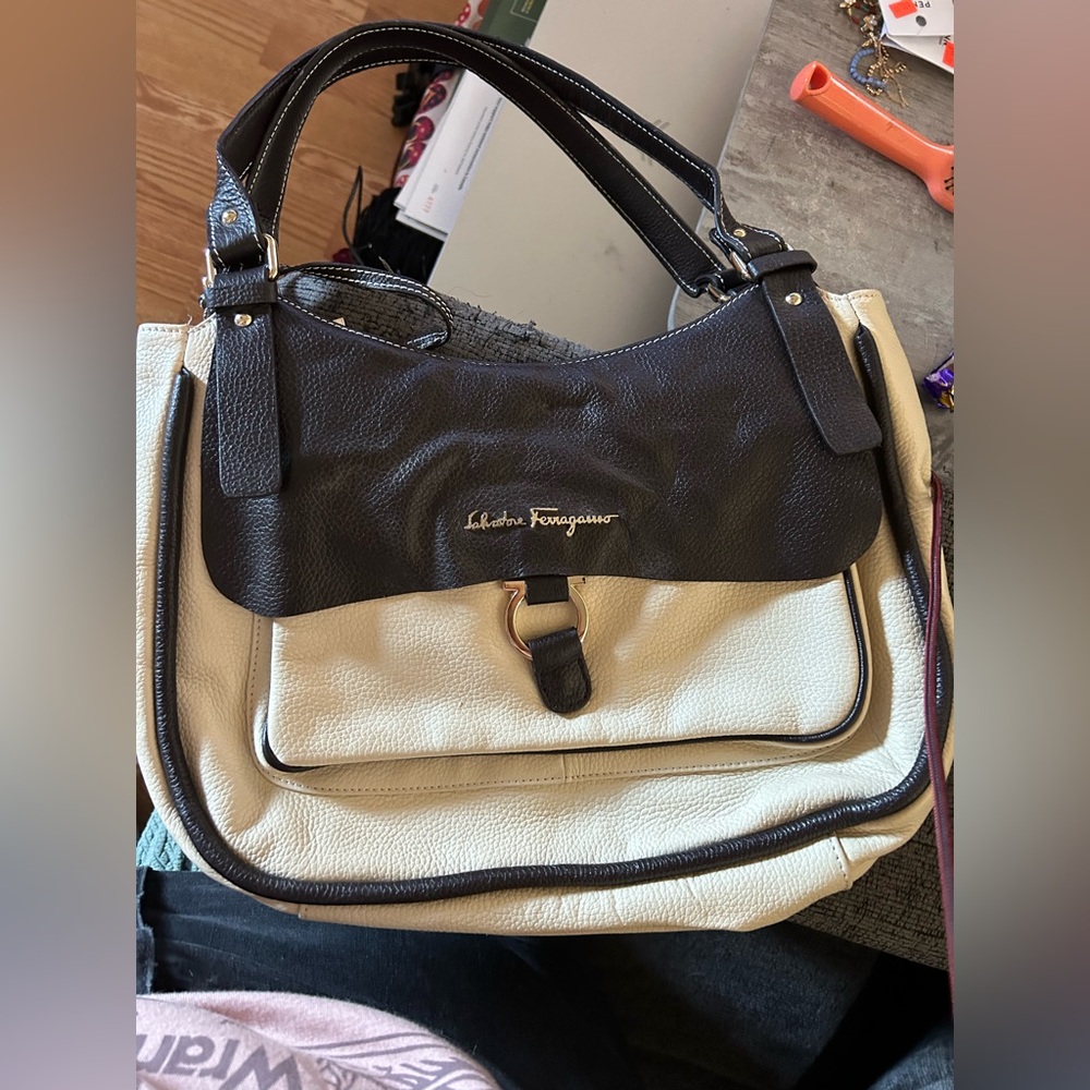 Salvatore Ferragamo Black and White Leather Tote